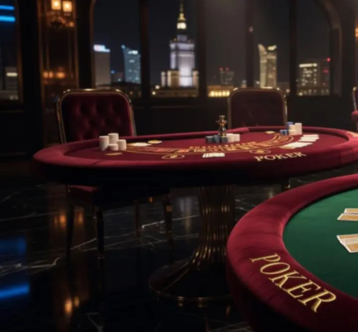Eleganckie stoły do pokera, ruletki i blackjacka przygotowane na ekskluzywny event