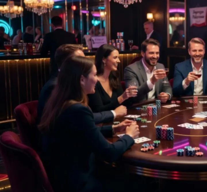 Goście bawiący się przy stołach pokerowych podczas eleganckiej imprezy tematycznej