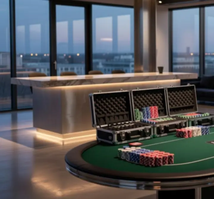 Mobilny pokerowy event z profesjonalnym stołem w eleganckim wnętrzu