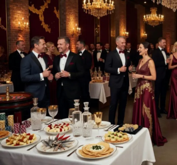 Ekskluzywna prywatna impreza w eleganckiej przestrzeni z przygotowanym stołem do gier.