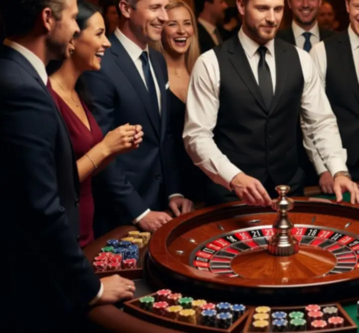 Ruletka i blackjack na event firmowy z profesjonalnymi krupierami i stanowiskami casino.