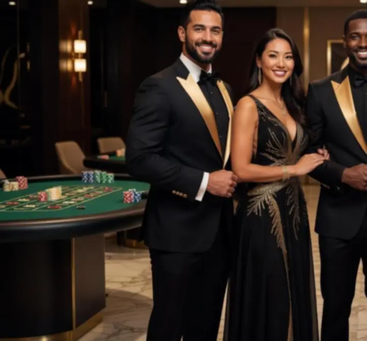 Zespół prowadzący mobilny event casino podczas eleganckiego wydarzenia firmowego