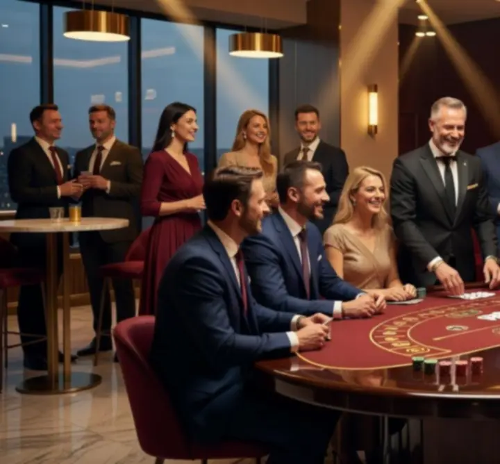 Elegancki firmowy event casino z profesjonalnymi stołami do gry i uczestnikami w wieczorowych stylizacjach.