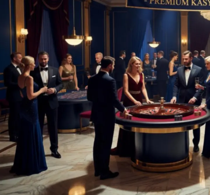 Elegancka gala wieczorna z kasynem rozrywkowym, stoły do gry otoczone gośćmi w wieczorowych strojach.