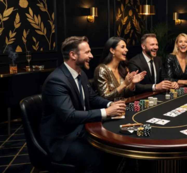 Stół pokerowy podczas wieczoru pokerowego z przyjaciółmi, eleganckie karty, żetony i klimatyczne oświetlenie.