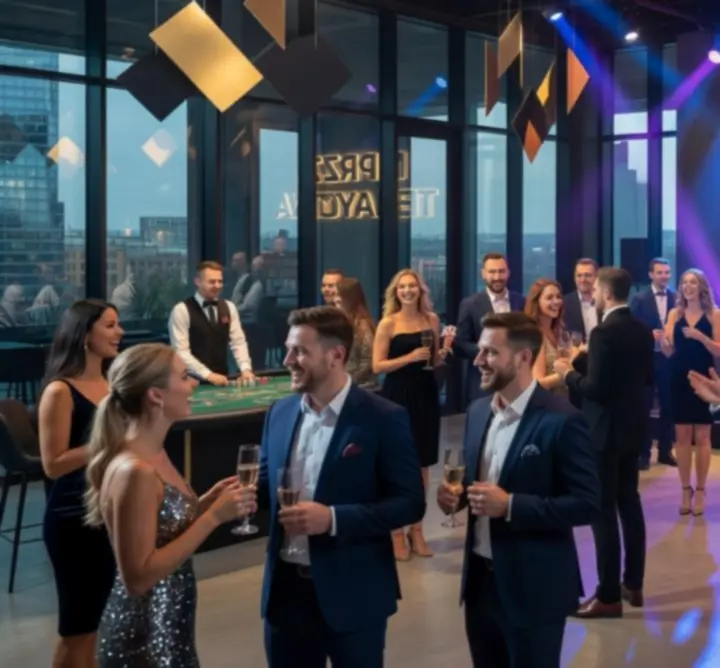 Impreza tematyczna z aranżacją światłem i dekoracjami casino