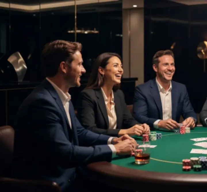 Wieczór pokerowy dla firm z profesjonalnym stołem i krupierem w eleganckiej sali.